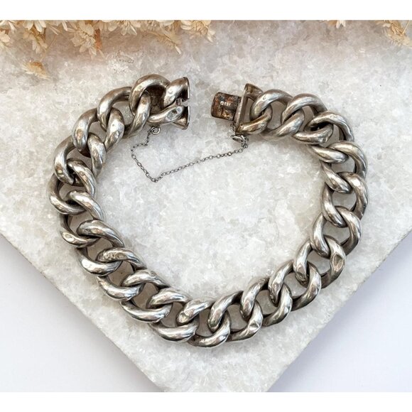 Chunky Curb Chain Style Chainlink Braided Silver Toned Vintage Bracelet- 8" - Picture 1 of 10
